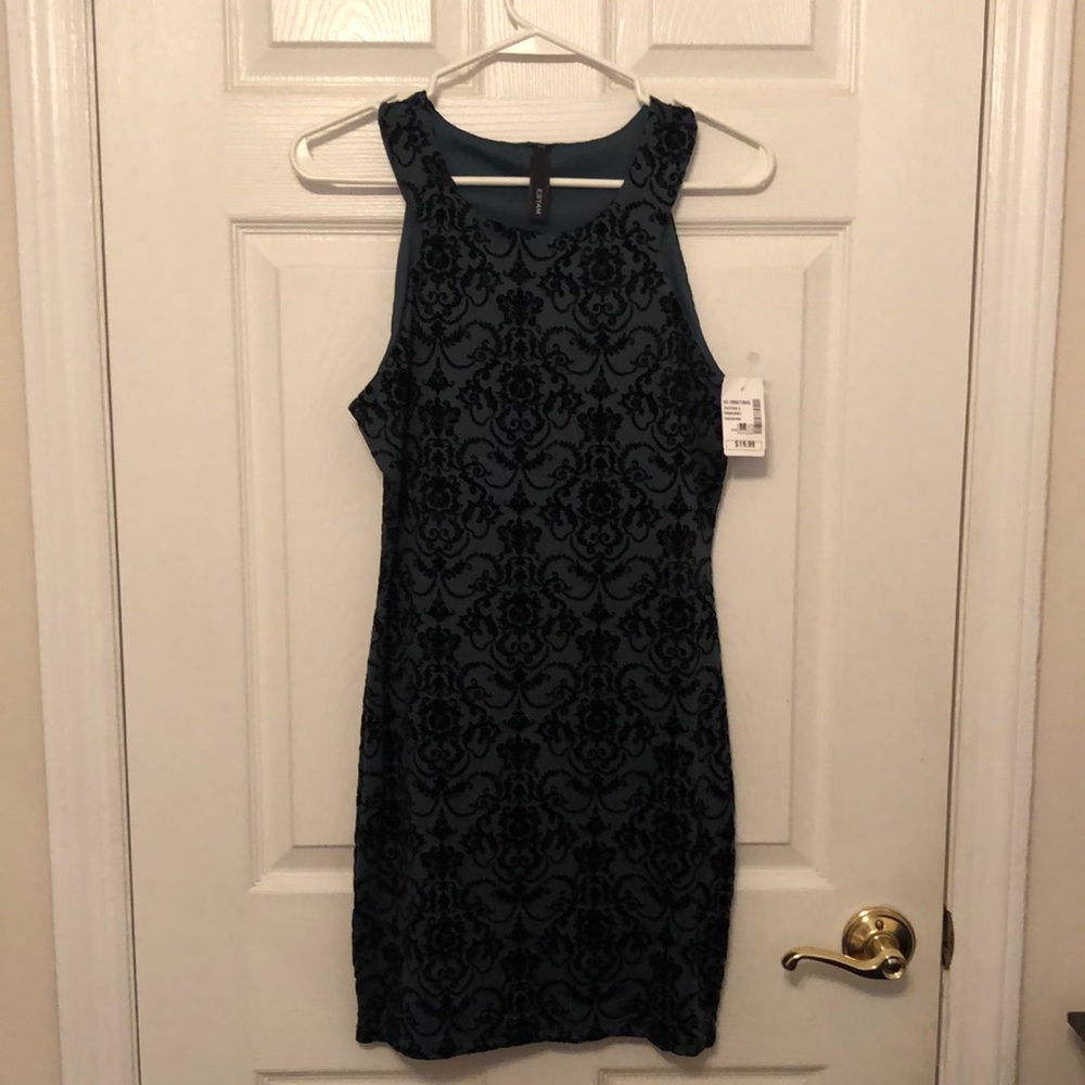 NWT Estam Women's Velvet Green & Black Peony Baroque Mini Dress